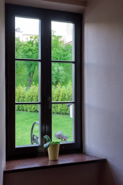 Деревянное пластиковое окно — стоковое фото