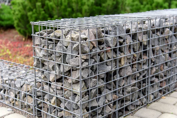 Gabion Stengärde Delar Gabioner Med Vinkelrätt Berg Och Trådnät — Stockfoto