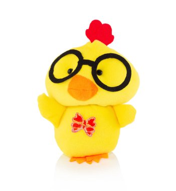 Yellow chicken plushie doll isolated on white background with shadow reflection. Plush stuffed puppet on white backdrop. Fluffy rooster toy with glasses for children. Cute furry plaything for kids. clipart
