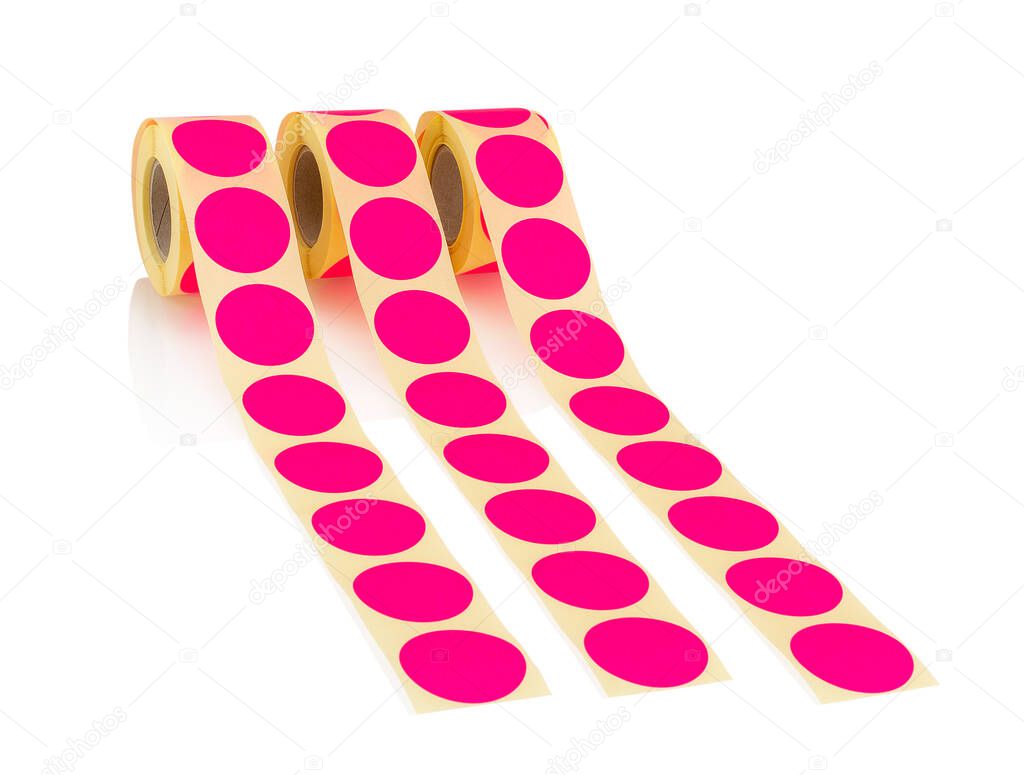 Colored label rolls isolated on white background with shadow reflection, clipping path, vector path. Reels of pink labels for printer. Labels for direct thermal or thermal transfer printing.