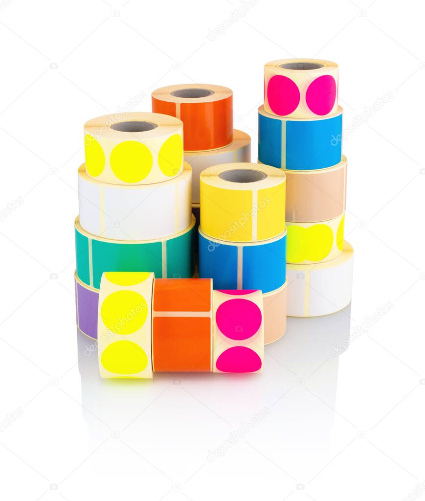 Colored label rolls isolated on white background with shadow reflection, clipping, vector path. Color reels of stickers for printer. Labels for direct thermal or thermal transfer printing.