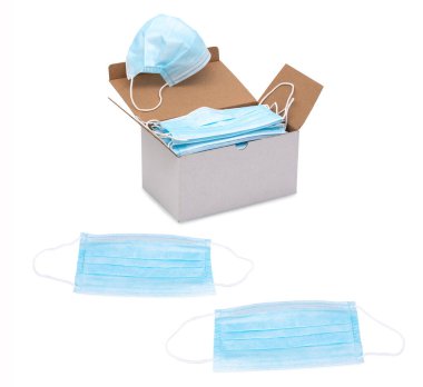 Mavi kulaklıklı cerrahi yüz maskeleri beyaz arka planda izole edilmiş bir kutuda. Tek kullanımlık yüz maskesi ve şekillendirilebilir burun klipsi. Elastik kulaklıklı koruyucu maske..