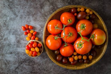 Domates tuzu işlemek için çiftçilerin hasat ettiği ahşap masada taze domatesler..