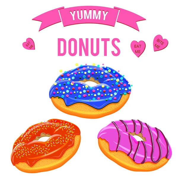 Donuts listos. Colección de sabrosas rosquillas con diferentes hielos — Vector de stock