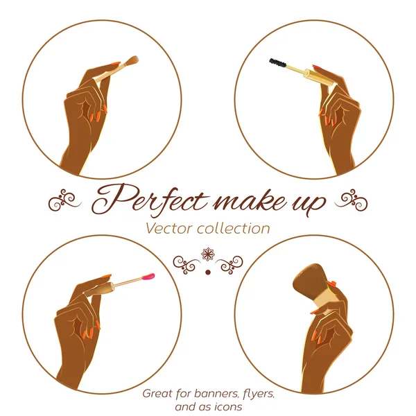 Set of hands with dark skin holding fashion make up brushes — Vector de stock