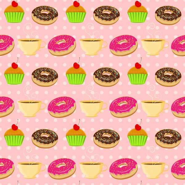 Modèle vectoriel sans couture avec beignets colorés, muffins et tescup — Image vectorielle