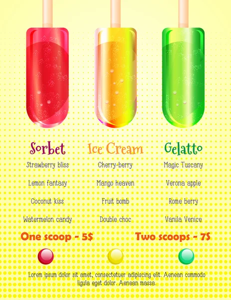 Ice cream, gelato and sorbet menu cover — Stockový vektor