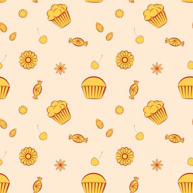 Cupcakes, şekerler ve c ile el çizilmiş vektör dikişsiz desenler