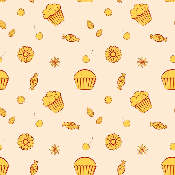 Hand drawn vector seamless patterns with cupcakes, candies and c — Stock Vector