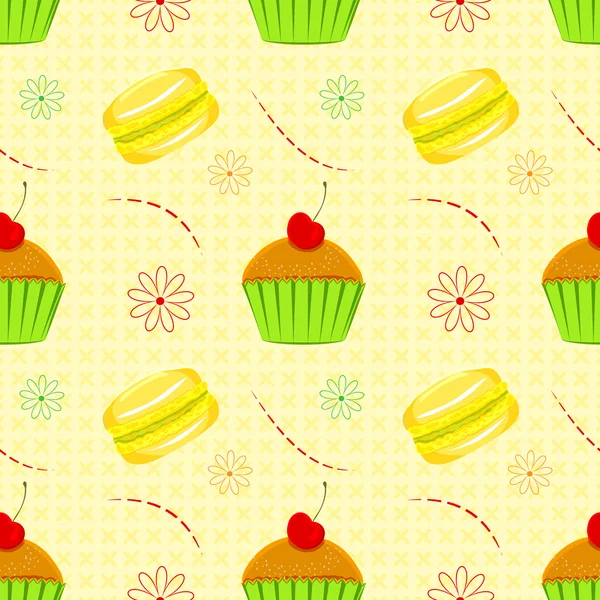 Modèle de nourriture de dessert. motifs sans couture vectoriels avec cupcakes et — Image vectorielle