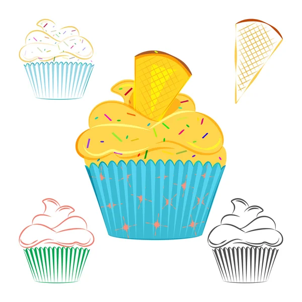 Cobertura de creme e waffle cupcake conjunto — Vetor de Stock