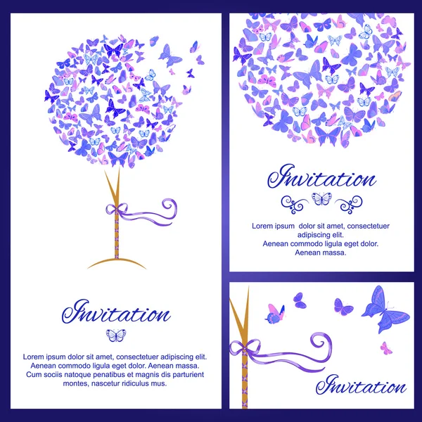 Wedding invitation template set with butterflies in blue color