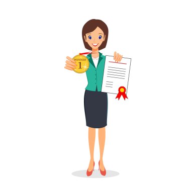 Altın madalya ve sertifika tutan iş kadın. Kazanan, suc