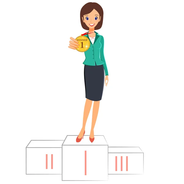 Business woman winner standing on podium with medal. Success con — Vector de stock