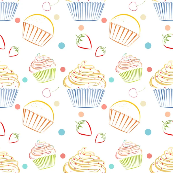 Cupcakes mat mönster. Sömlös vektor bakgrund med muffins — Stock vektor