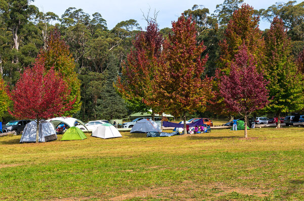 Autumn landscape with people camping in the distance