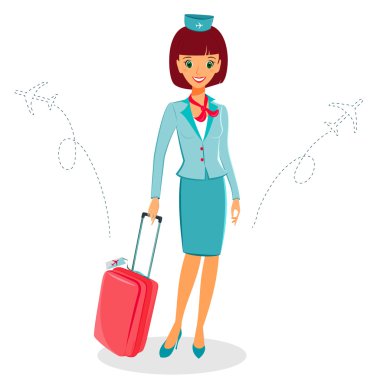 Neşeli çizgi film uçuş görevlisi çanta üniformalı