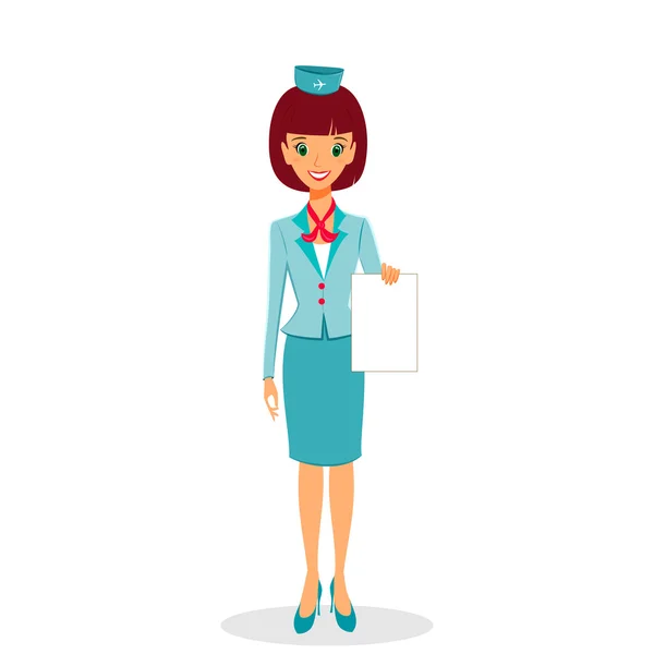 Cartoon flight attendant in uniform holding blank sheet of paper — Stok Vektör