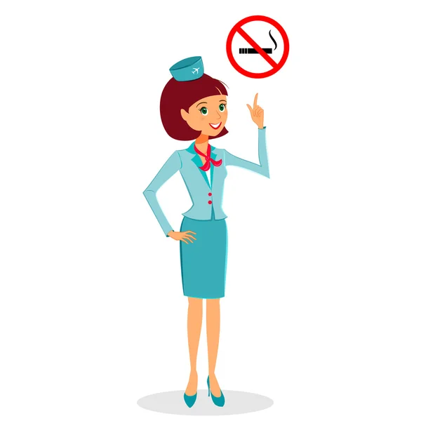 Stewardess in Uniform zeigt auf Rauchverbot-Schild — Stockvektor