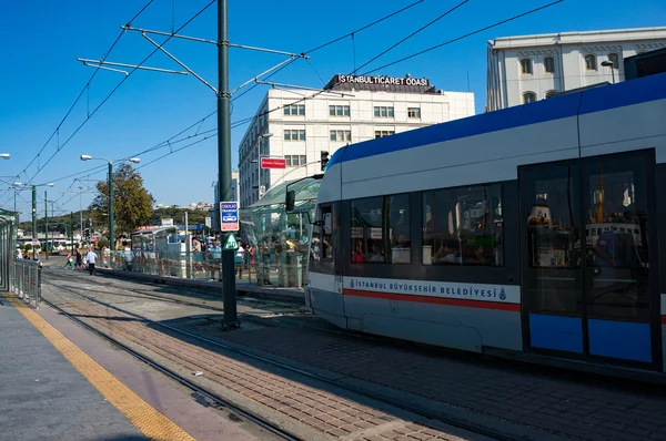 Eminonu tramway station with modern tramway in Fatih, Istanbul