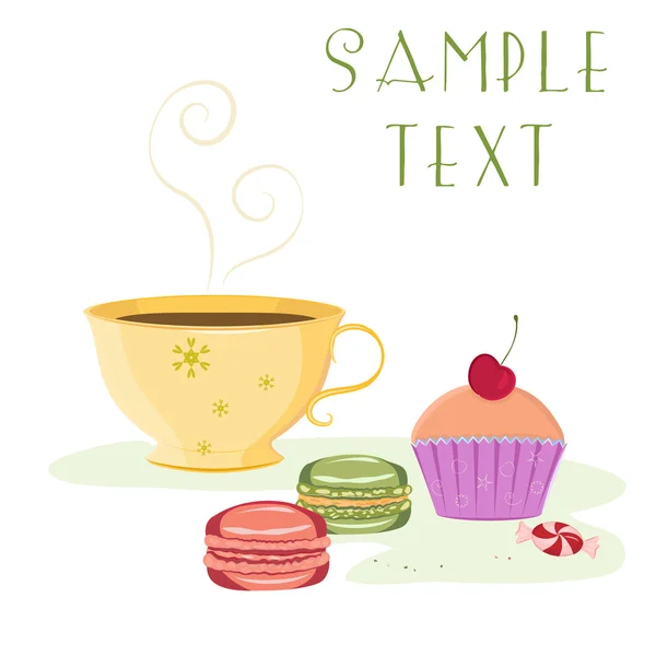 Vintage card featuring cup of tea, cherry cupcake, macaroons and candy — Stock Vector
