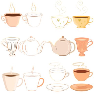 Toplama el çizilmiş teacups, uçan daire ve anahatla çaydanlık