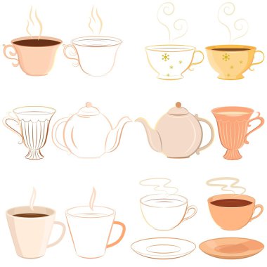 Collection of hand drawn teacups, saucer and teapot with outline clipart