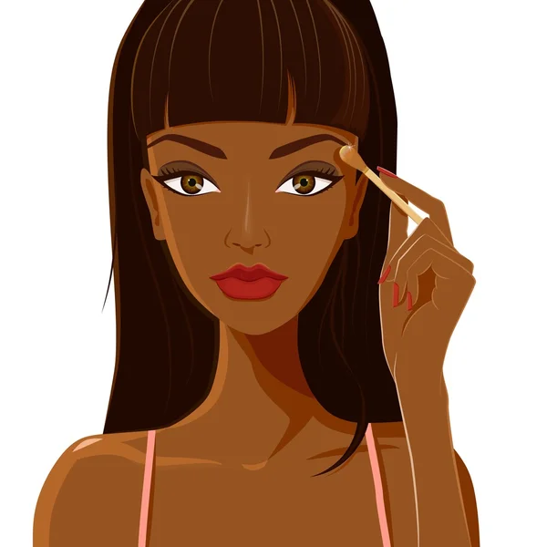 Attraktiv kvinna med mörk hud ansöker eyeshadow. — Stock vektor