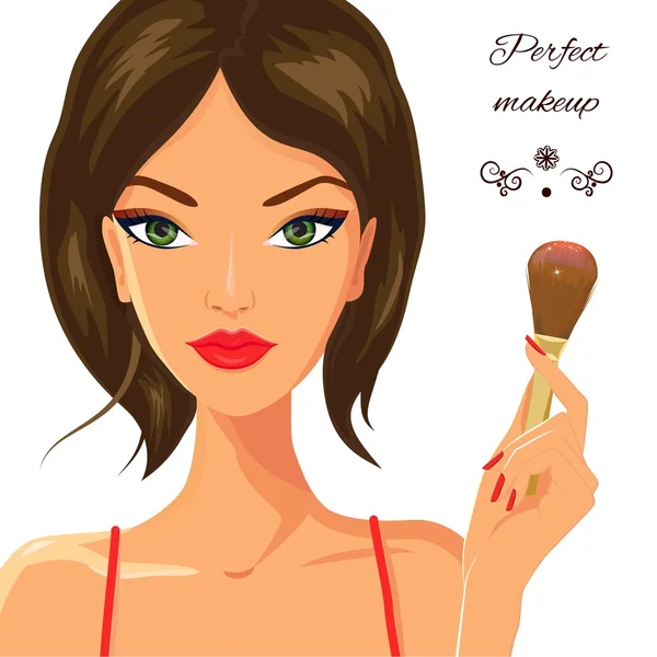 Blush aplicación atractiva mujer blanca. moda, maquillaje y beaut — Vector de stock