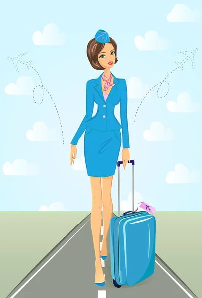 Lachende stewardess in blauwe uniform met koffer — Stockvector