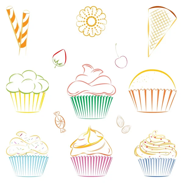 Set of vector cupcakes and sweets. Outline — Stockový vektor