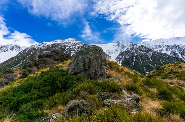 Winter Berglandschaft mit Schnee und grünem Gras — Stockfoto