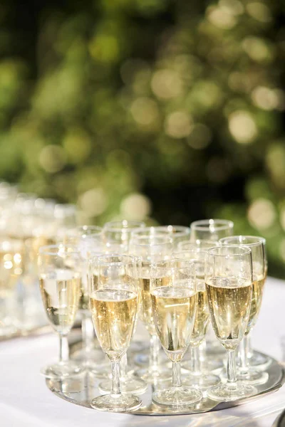 Copas Champán Una Bandeja Plata Una Celebración Familiar Foto Alta — Foto de Stock