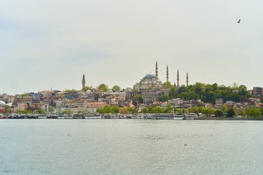 İstanbul, Türkiye - 2 Mayıs 2021: İstanbul Boğazı 'ndan Süleyman Camii' ne bakın. Yüksek kaliteli fotoğraf.