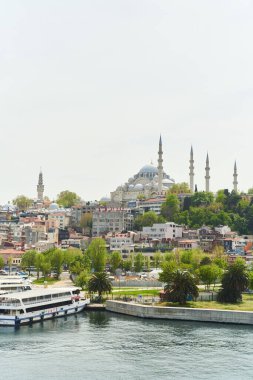 İstanbul, Türkiye - 2 Mayıs 2021: İstanbul Boğazı 'ndan Süleyman Camii' ne bakın. Yüksek kaliteli fotoğraf.
