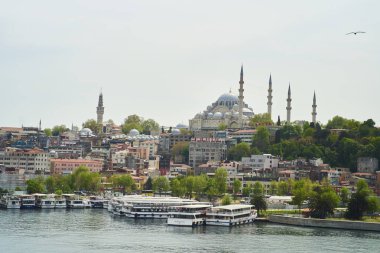 İstanbul, Türkiye - 2 Mayıs 2021: İstanbul Boğazı 'ndan Süleyman Camii' ne bakın. Yüksek kaliteli fotoğraf.