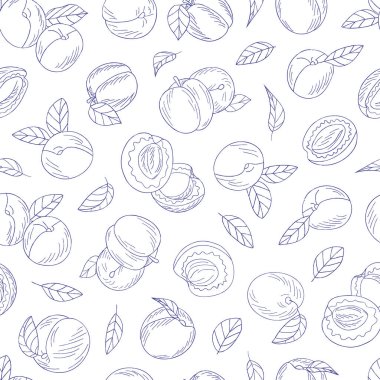 Mavi çizgili el yapımı erik, kayısı meyvesi ve yapraksız desen.