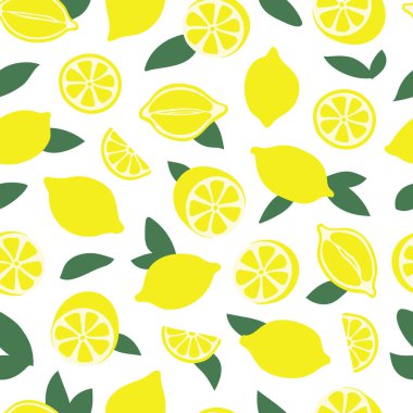 Set of bright yellow lemons and leaves in flat style