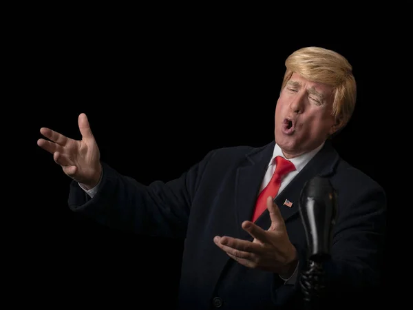 American presidential elections 2020 on dark and black background, mature triumphant gray-haired man, character, actor, Republican who emotionally gestures and argues in debates.