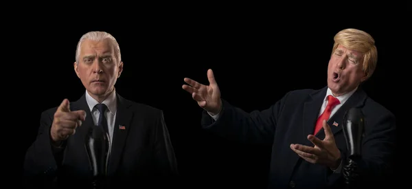 American presidential election 2020 on dark and black background, two opponents, mature triumphant people, characters, actors, Republican and Democrat arguing in a debate.