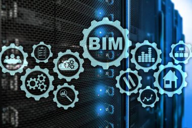 Bina Bilgileri Modelleme. Sanal ekranda sunucu veri merkezi arkaplanlı BIM.