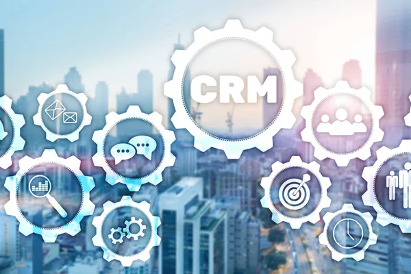 CRM Customer Management Analysis Service Concept. Graphics on blurred office background.