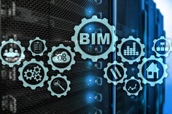 Building Information Modeling. BIM on the virtual screen with a server data center background.