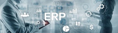 Çevrimiçi ERP sistem kavramı soyut iş karışık ortam arkaplanı.