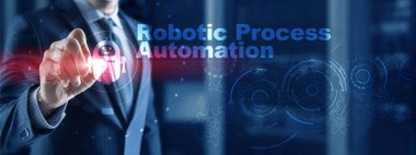RPA Robotik Süreç Otomasyonu. Sanal ekranda teknoloji konsepti. Ai algoritması İş Analizi.