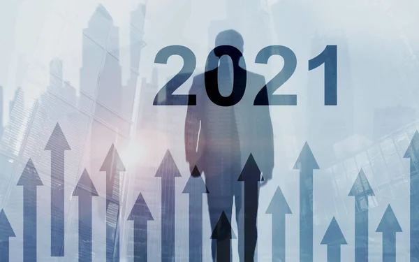 2021 Growth up arrows on futuristic abstract background. Investing o business concept.