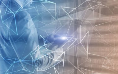 Ağ internet iletişimi kavramı. Üç boyutlu çizgi. Sunucu odasında mühendis var..