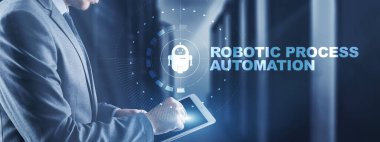 RPA Robotik Süreç Otomasyonu. Sanal ekranda teknoloji konsepti. Ai algoritması İş Analizi.