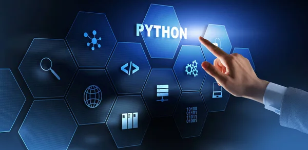 Pythonプログラミング言語。仮想画面上でのワークフロー抽象アルゴリズムの概念. — ストック写真