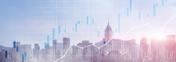 Gráfico de investimento conceito financeiro gráfico diagrama exposição dupla cidade vista horizonte. — Fotografia de Stock